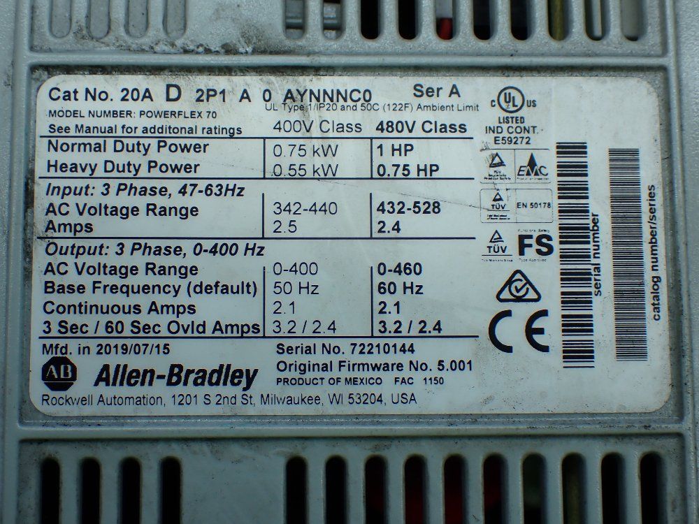 Allen-bradley 1hp Powerflex 70 Ac Servo Drive. 1hp - 20ad2p1a0aynnnc0