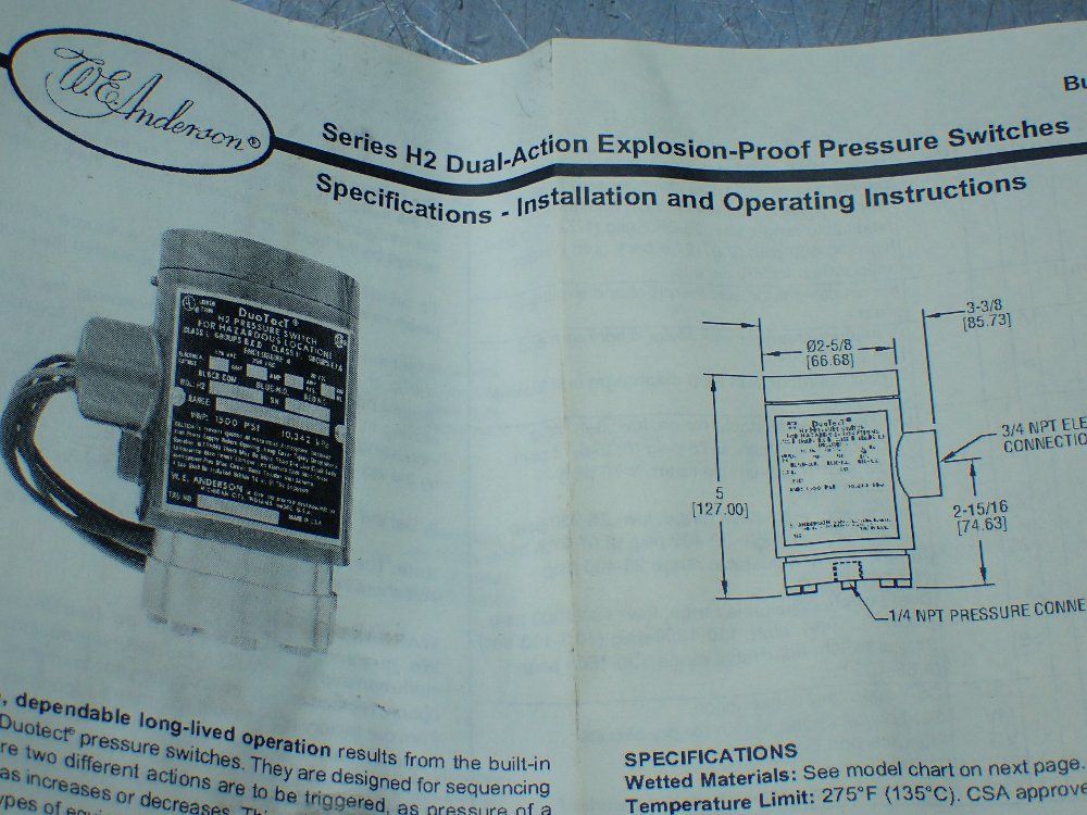 Dwyer Instruments 25-250psi Dual Action Explosion Proof Pressure Switch - H2-s-2