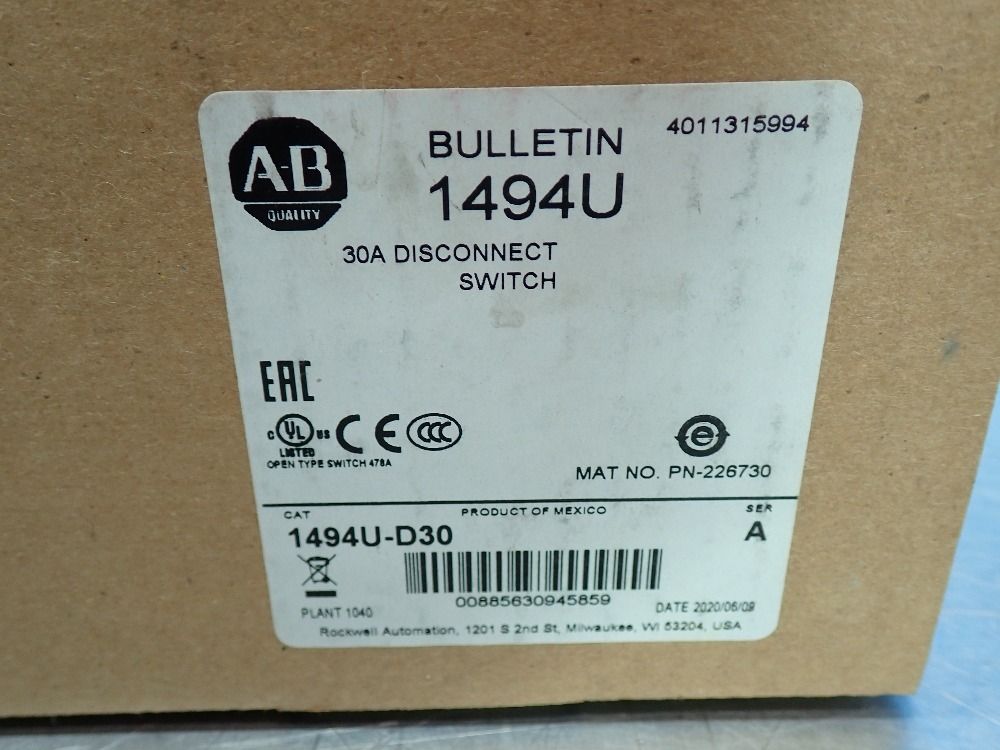 Allen Bradley Fusible Disconnect Switch Kit - 1494u-j30-cr-m