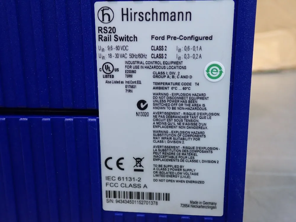 Hirschmann Ethernet Rail Switch - Rs20-0400t1t1dsapf004.2.05