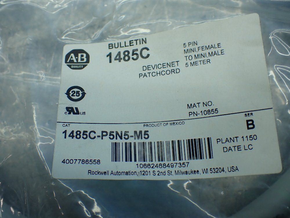 Allen-bradley Devicenet Patchcord. 5pin Male-5pin Female. 5 Meter - 1485c-p5n5-m5