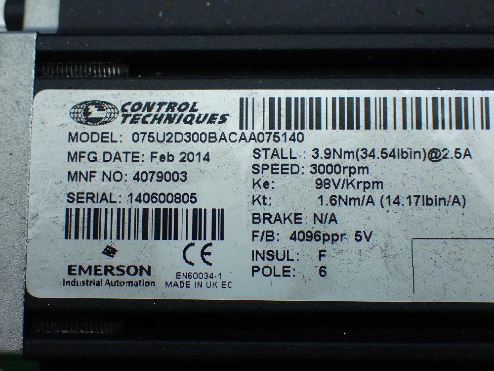 Control Techniques 3000rpm Servo Motor - 075u2d300bacaa075140