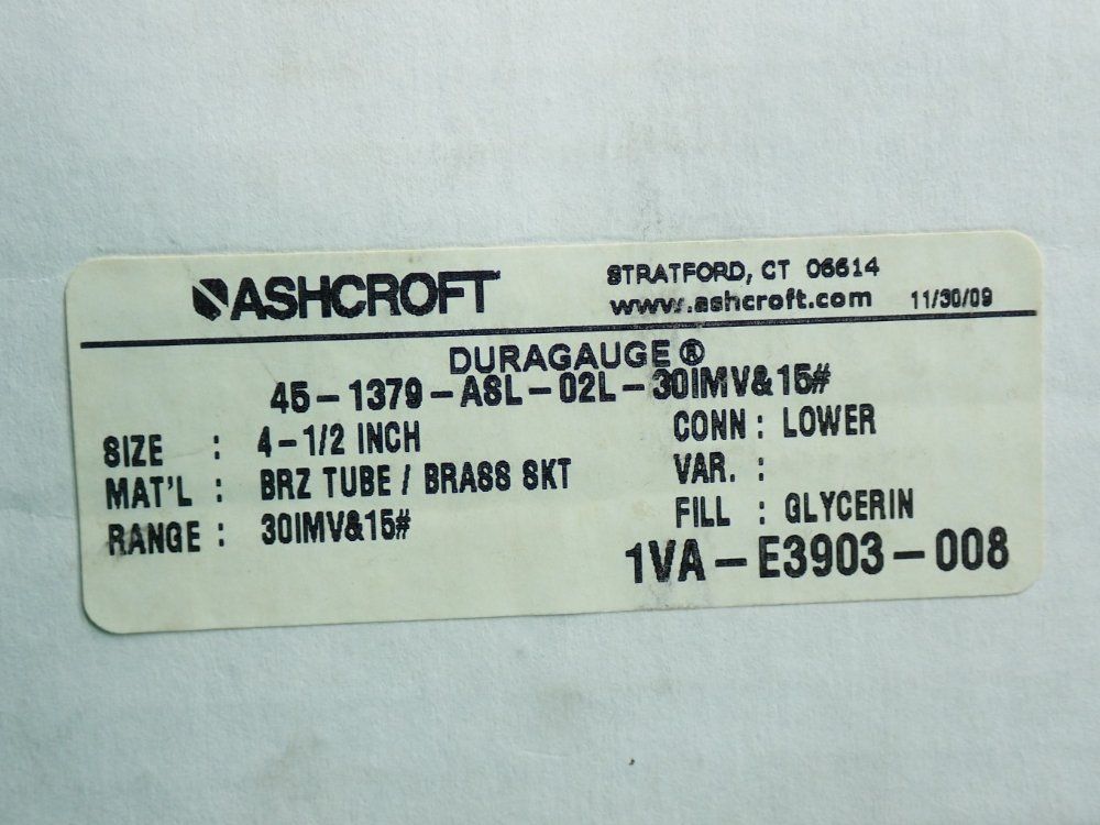 Ashcroft 4-1/2" 1379 Duragauge Pressure Gauge - 45-1379-a8l-02l-30imv&15#