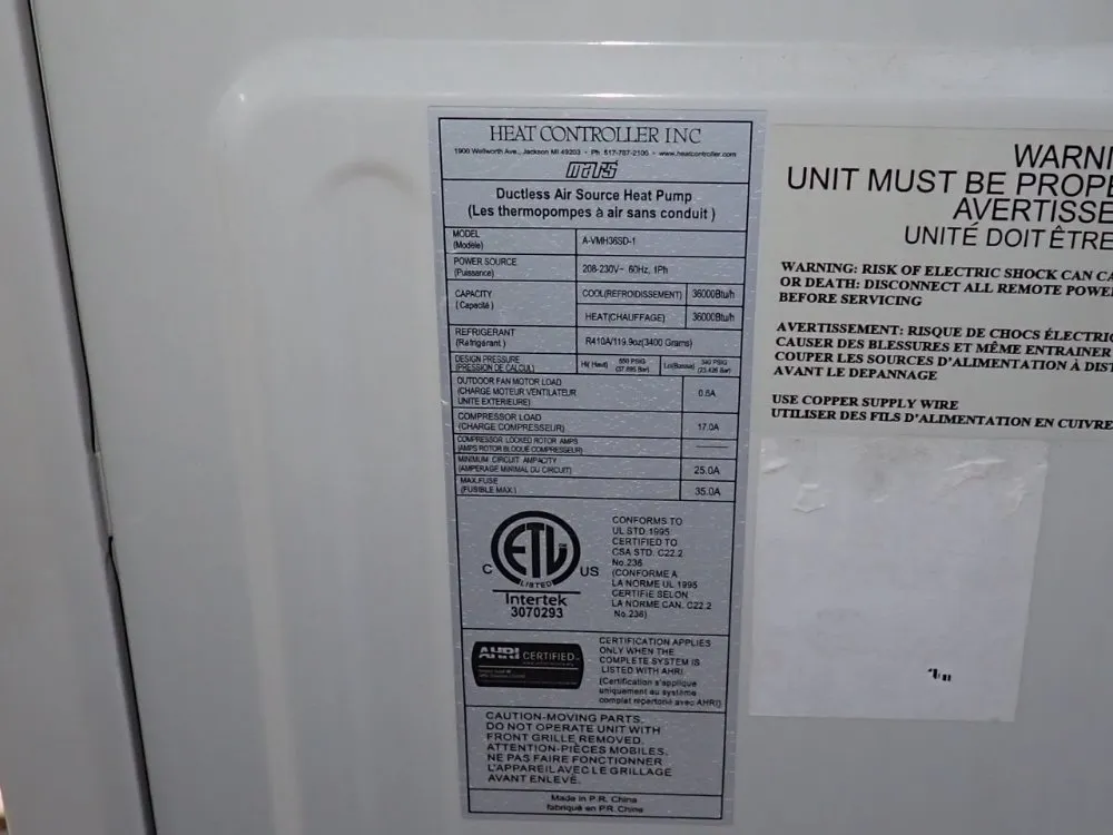 Heat Controller Inc 36000 Btu/h Heat Pump - A-vmh36sd-1