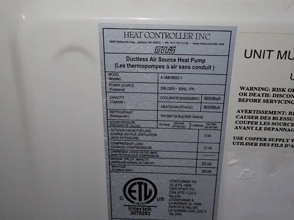 Heat Controller Inc 36000 Btu/h Heat Pump - A-vmh36sd-1