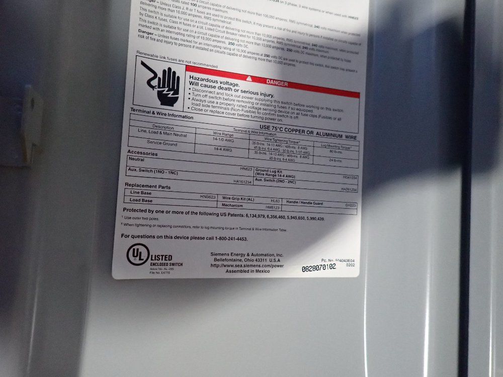 Siemens 100 Amp / 240 Vac Non Fusible Disconnect