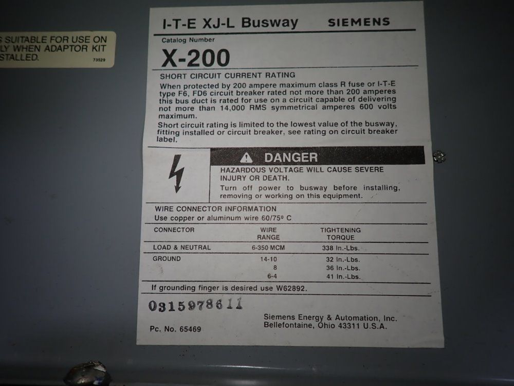 I-t-e 200 Amps Bus Plug - X2004pbg