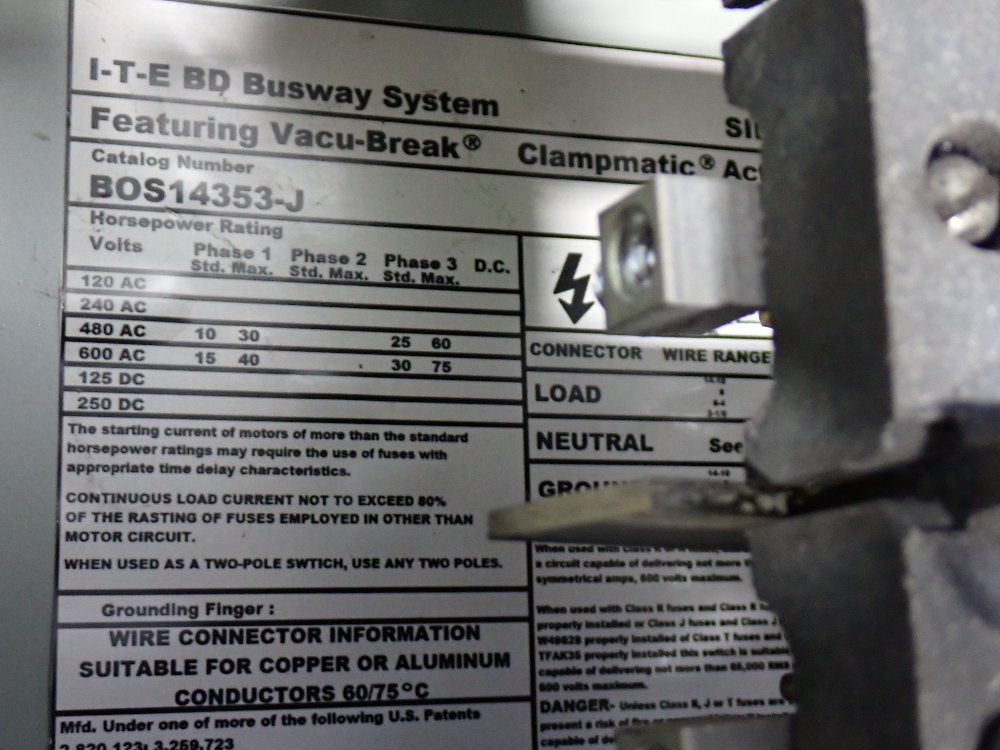 Ite Elec. Corp. 100a/600v Bus Plug - Bos14353-j