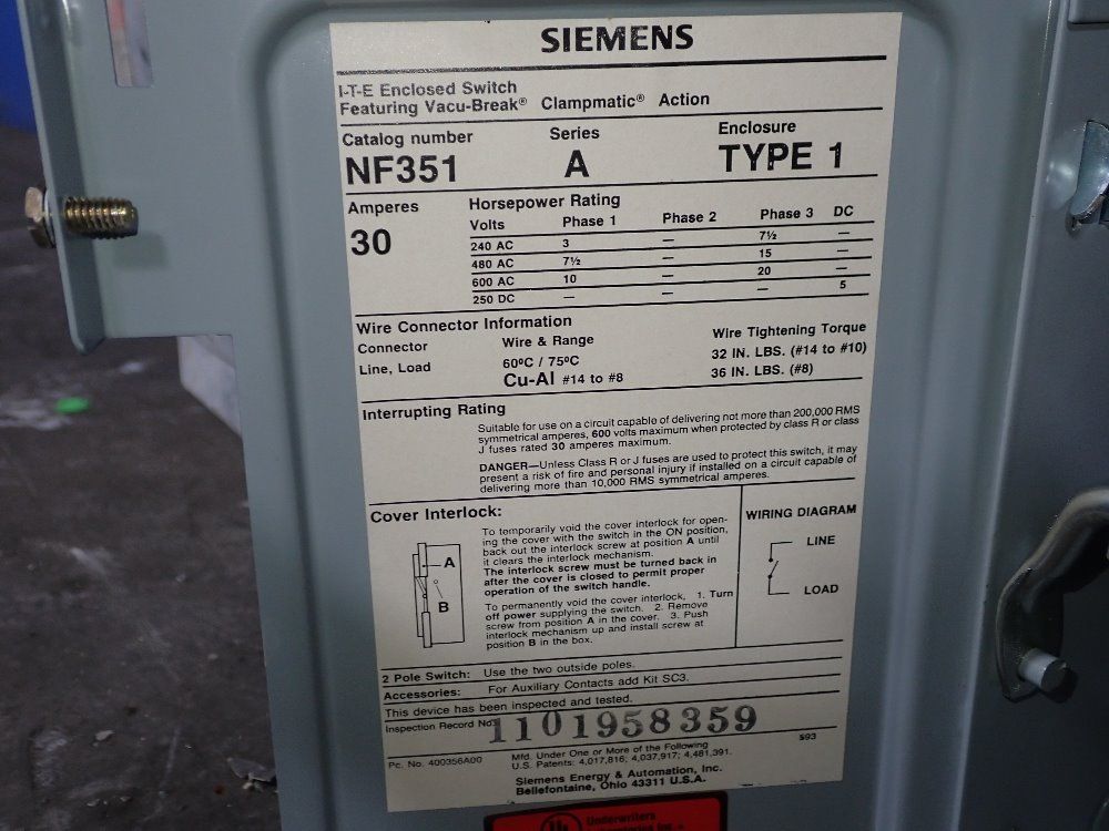 Siemens 30 Amp Fusible Disconnect - Nf351
