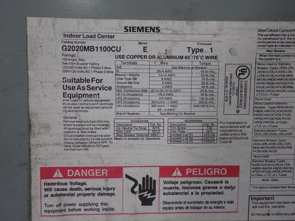 Siemens 100 Amp Panelboard - G2020mb1100cu