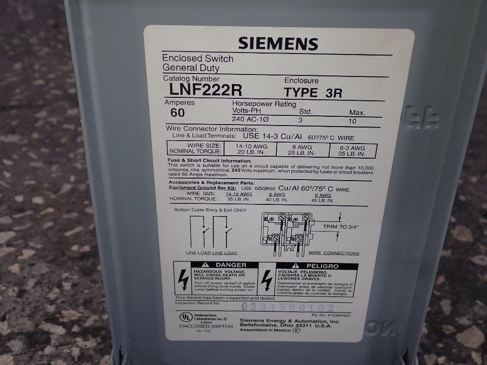 Siemens 60 Amp Non-fusible Disconnect - Lnf222r