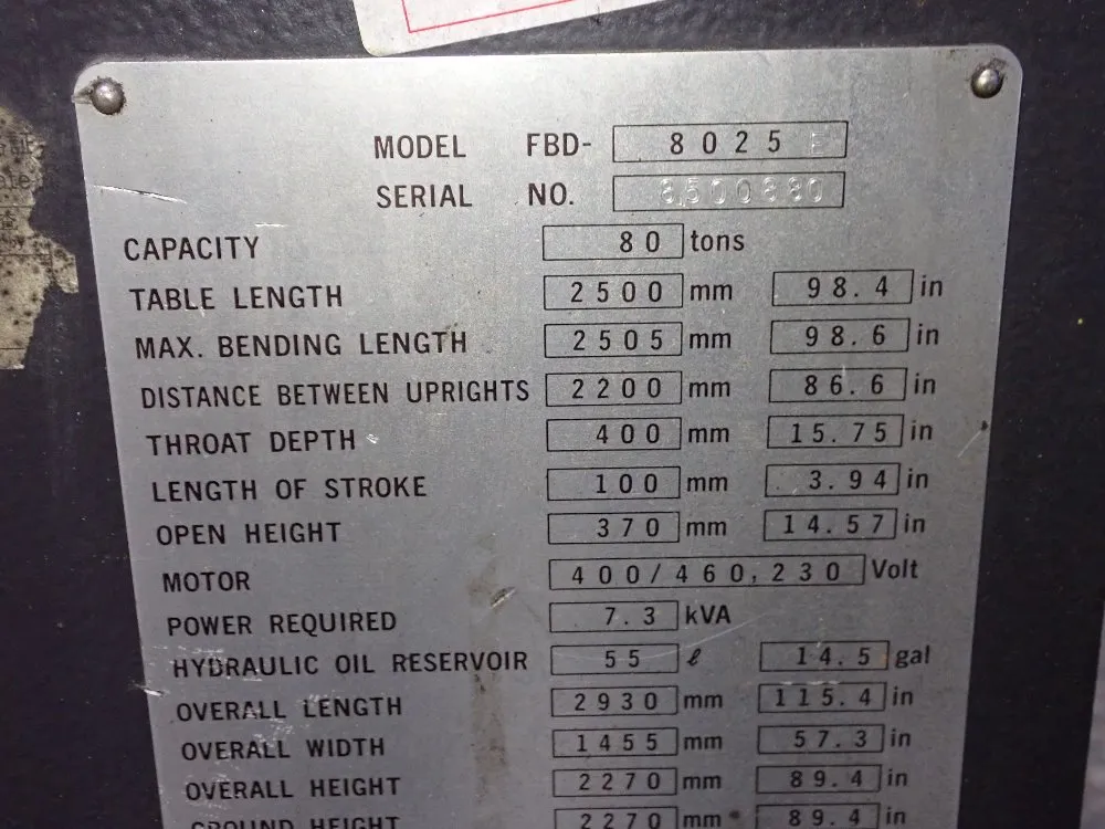 Amada 80 Tonx 98" Press Brake - Fbd-8025e
