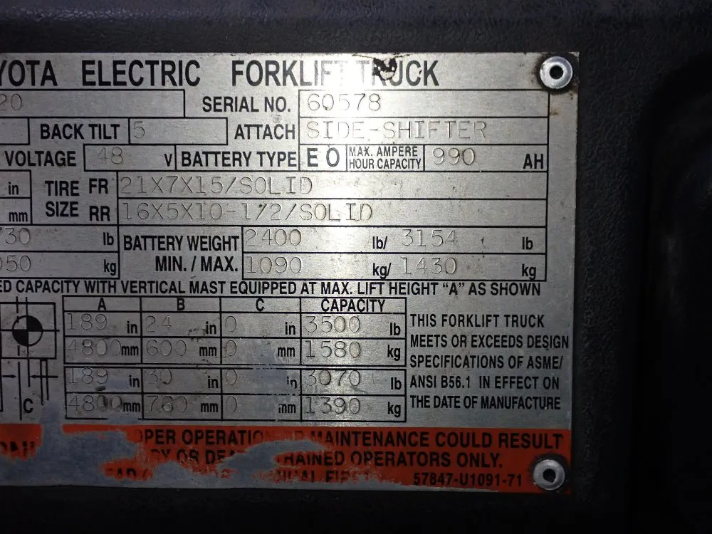Toyota 3500 Lbs Electric Forklift - 7fb0u20