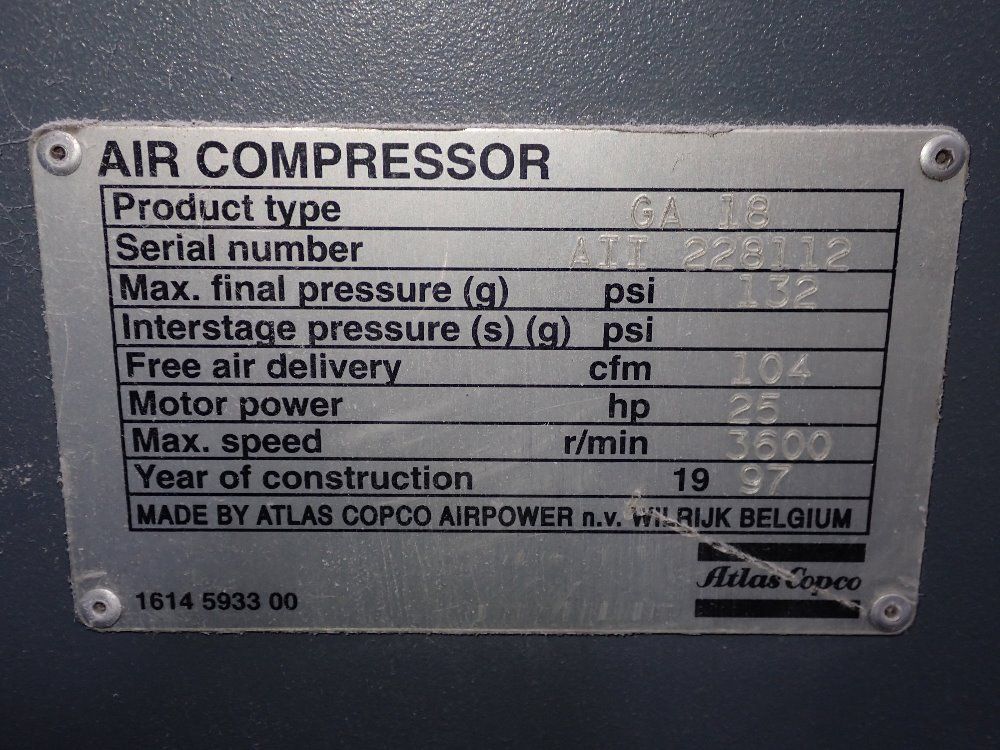 Atlas Copco 25 Hp Air Compressor - Ga-18