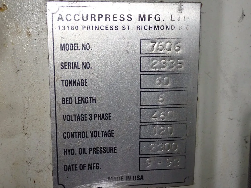 Accurpress 60 Ton X 72" Press Brake - 7606