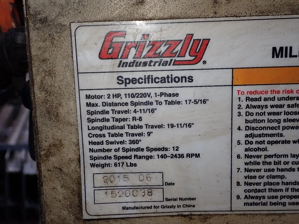 Grizzly 8" X 28 1/2" Vertical Mill - G0705