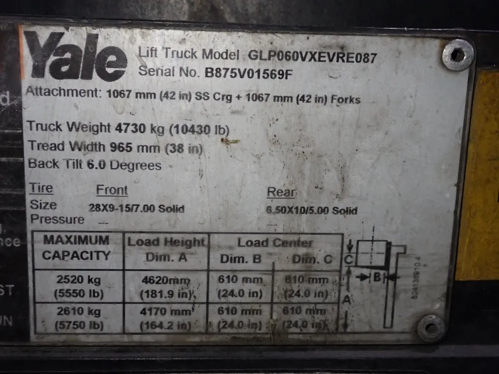 Yale 5550 Lbs Propane Forklift - Glp060vxevre087