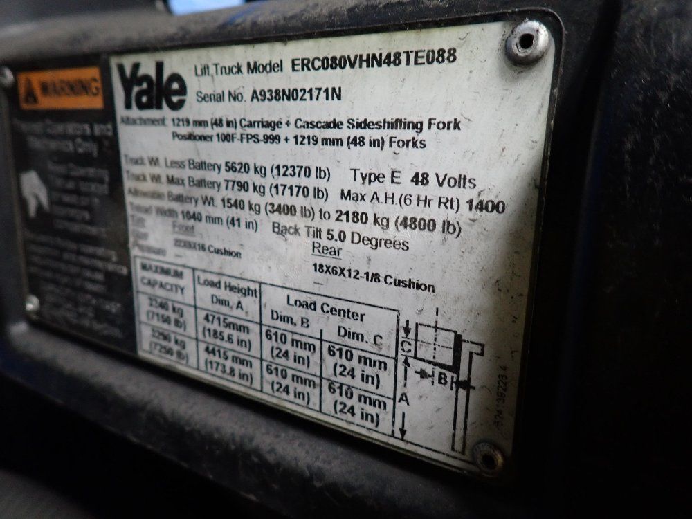 Yale 7150 Lbs Electric Forklift - Erc080vhn48te088