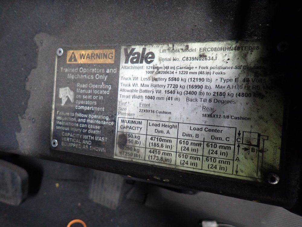 Yale 7150 Lbs Electric Forklift - Erc080hhn48te088