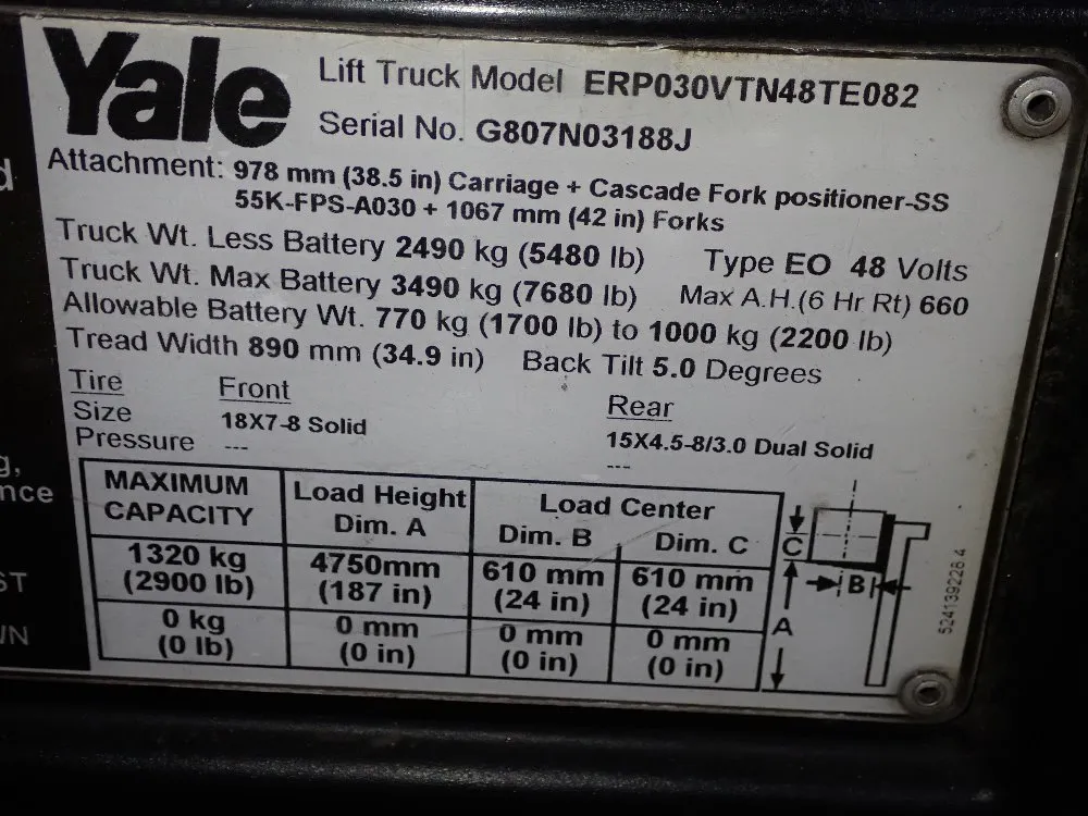 Yale 2900 Lbs Electric Forklift - Erp030vtn48te082