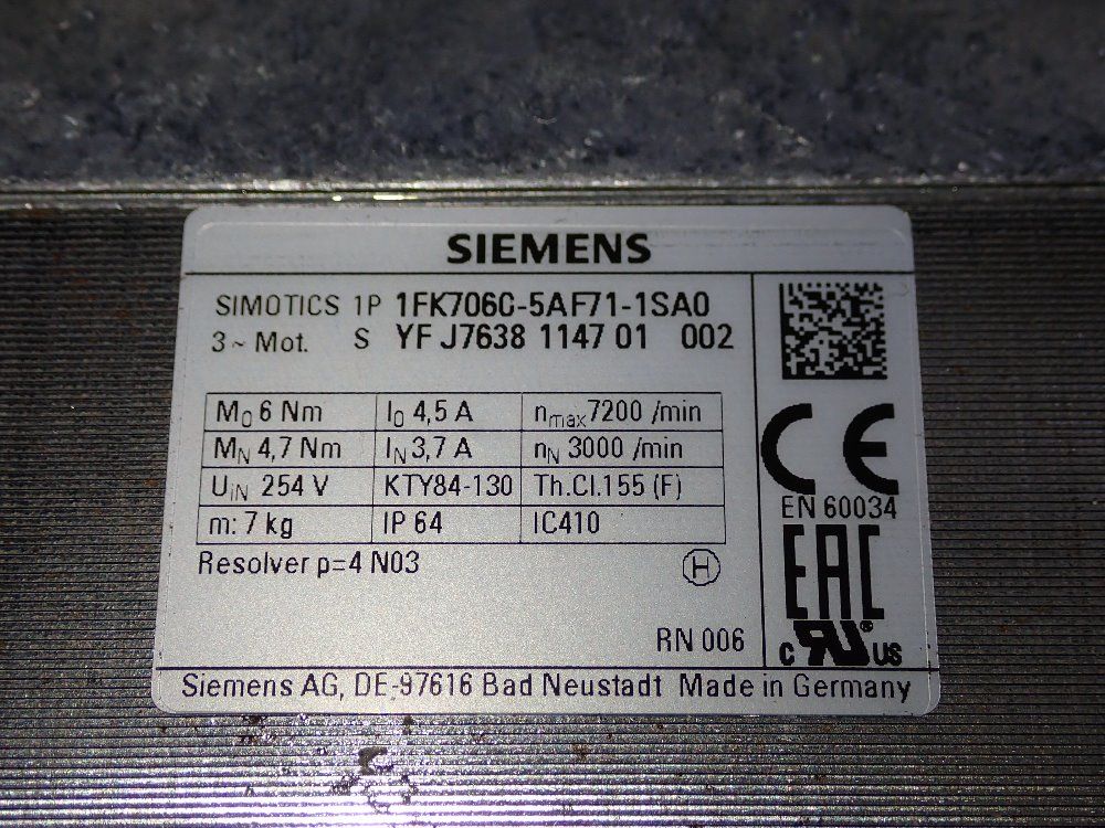 Siemens Servo Motor - 1p 1fk706c-5af71-1sa0