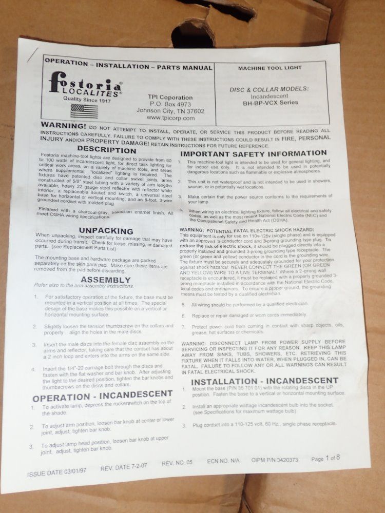 Fostoria Machine Tool Lights