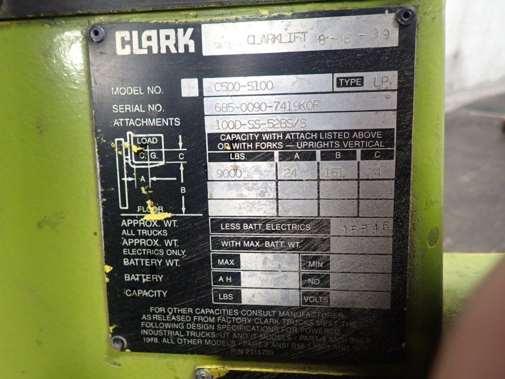 Clark 9000# C500-s100 Propane Forklift - C500-s100