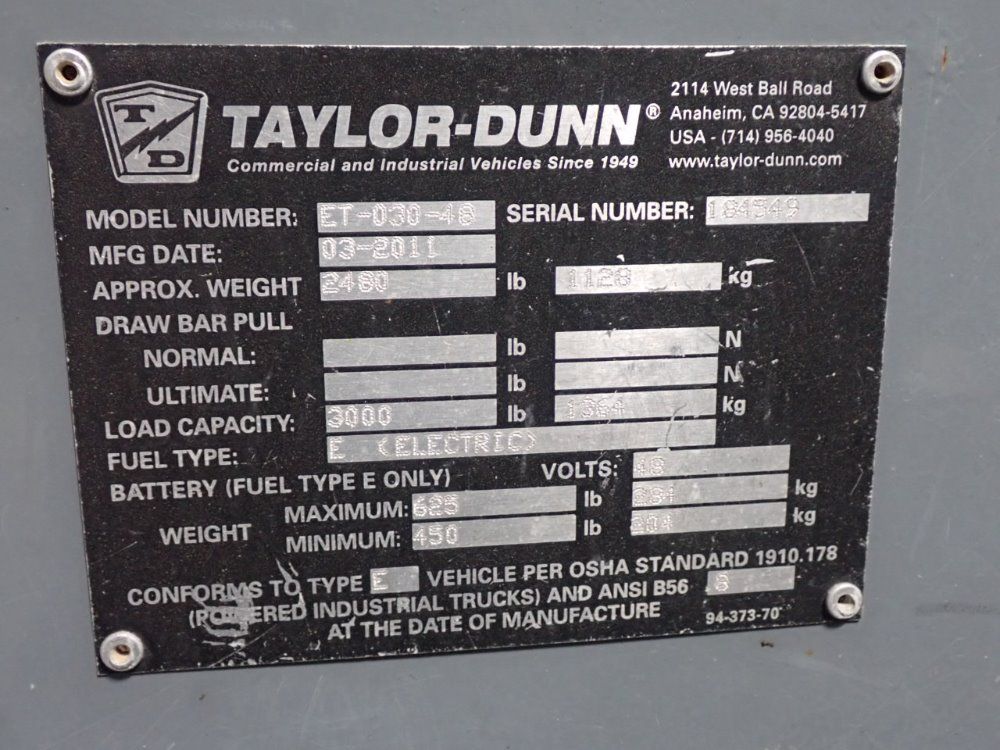 Taylor-dunn 3000# Et-030-48 Electric Utility Vehicle - Et-030-48