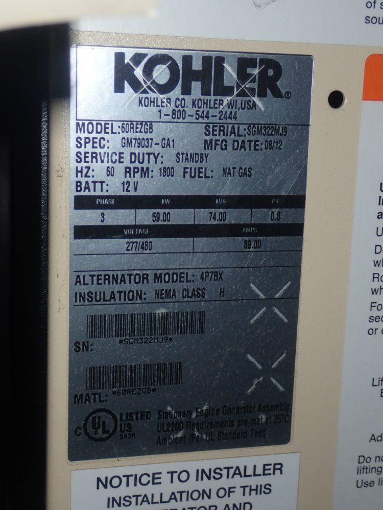 Kohler 59kw 60rezgb Natural Gas Generator - 60rezgb