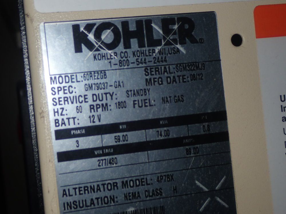 Kohler 59kw 60rezgb Natural Gas Generator - 60rezgb