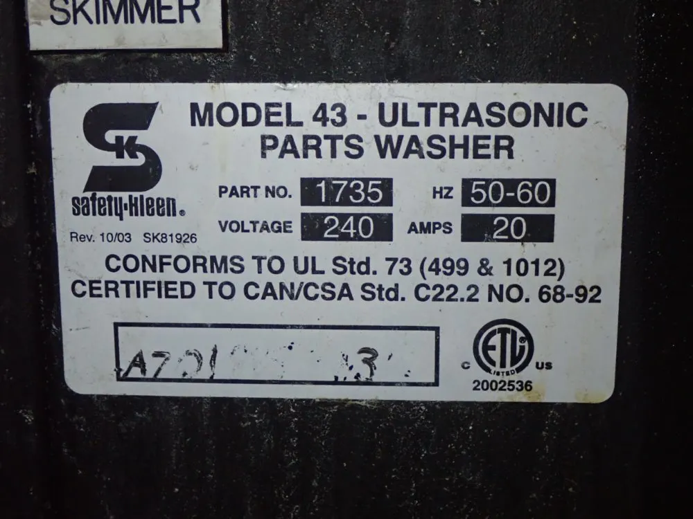 Safety Kleen Ultrasonic Parts Washer