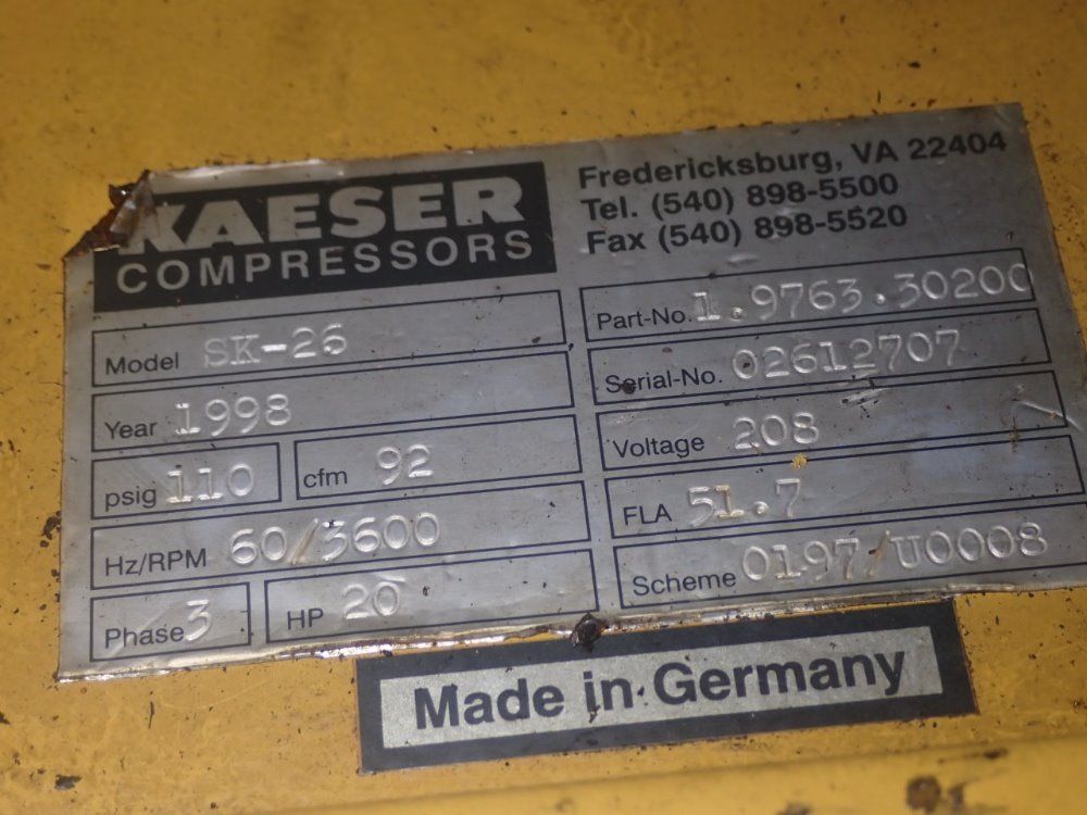 Kaeser 20 Hp Sk-26 Air Compressor - Sk-26