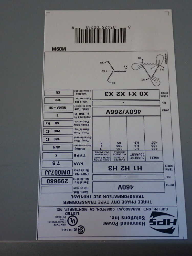 Hammond Power Solutions Inc. 7.5kva Transformer - M09m