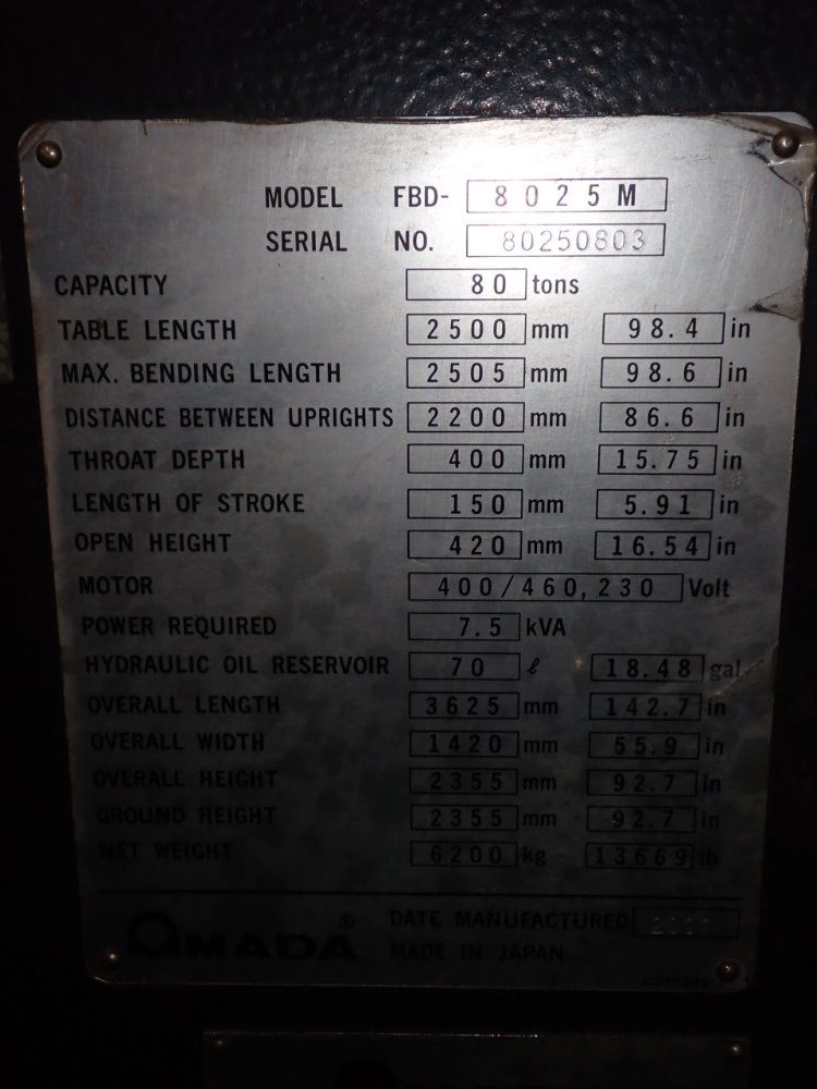 Amada Cnc Press Brake - Fbd-8025m