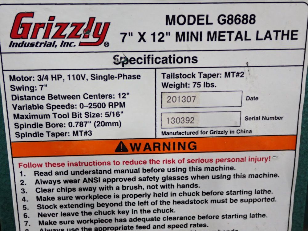 Grizzly 7''x12'' Lathe - G8688