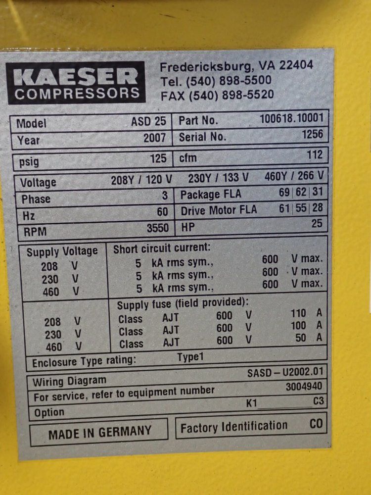 Kaeser 25 Hp Asd25 Air Compressor - Asd25
