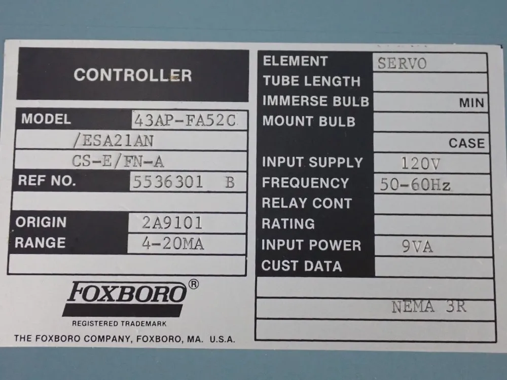 Foxboro 4-20ma Pneumatic Temperature Control - 43ap-fa52c