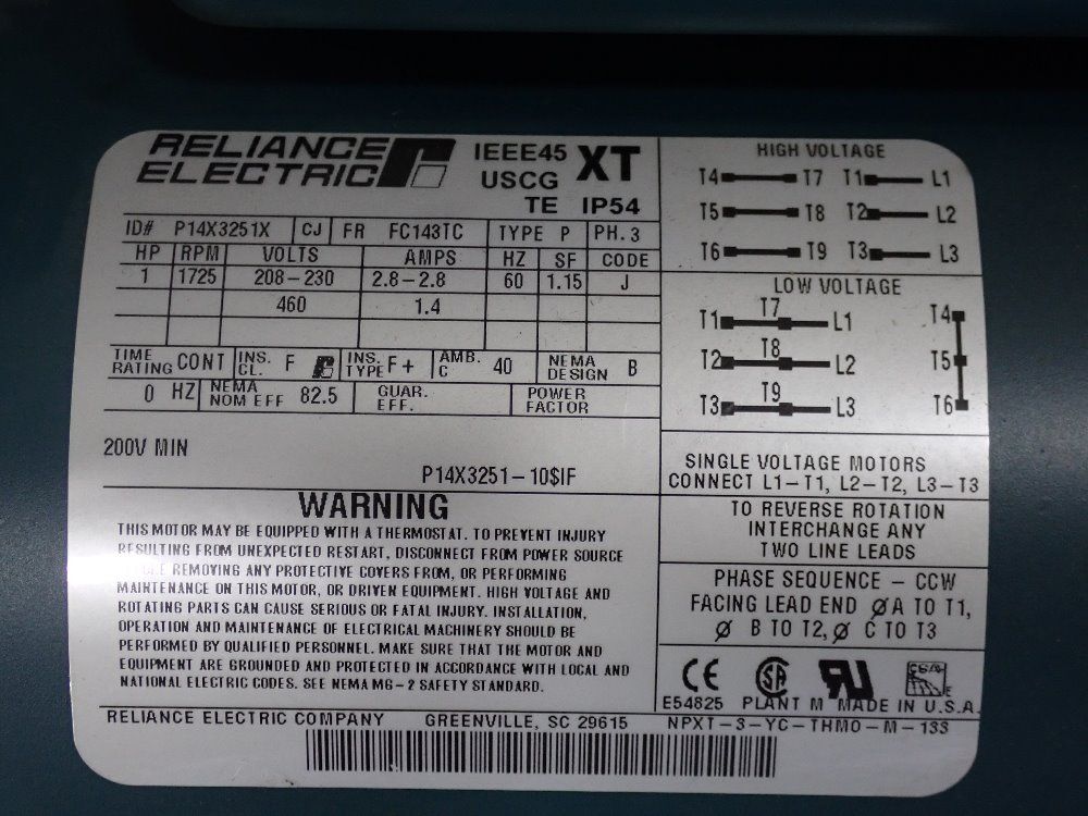 Reliance Electric 1 Hp Motor - P14x3251x