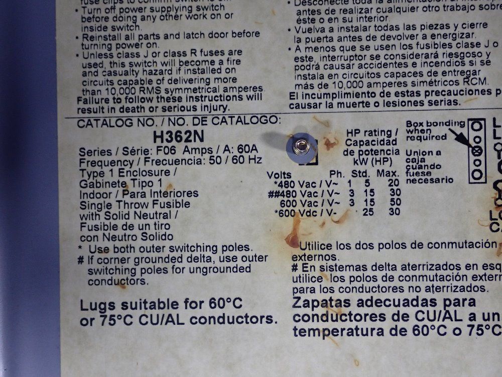 Square D 60 Amps/600v Fusible Disconnect - H362n