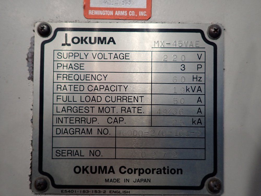 Okuma Cnc Vertical Machining Center - Mx-45 Vae