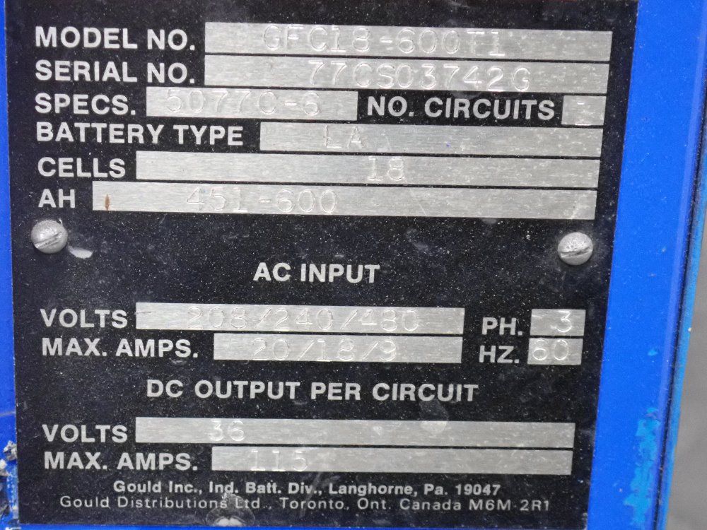 Gould Inc. Ind. Batt. Div. 36 V/451-600 Ah Battery Charger - Gfc18-600ti