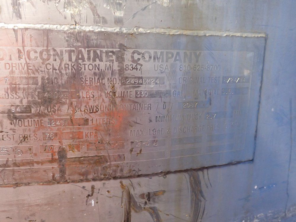 Clawson Containers Company 250 Gallons Stainless Steel Tank