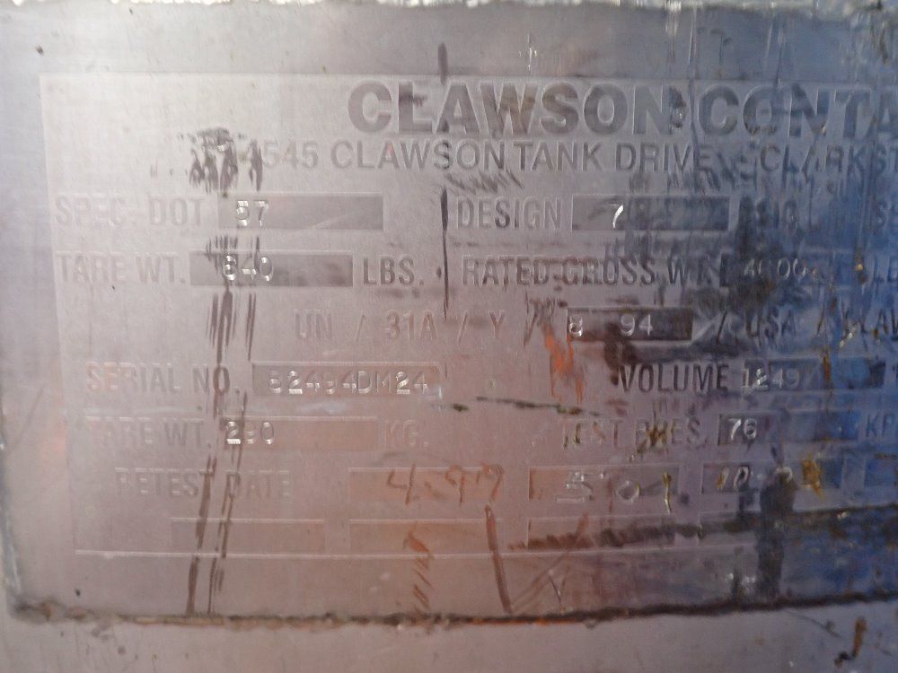 Clawson Containers Company 250 Gallons Stainless Steel Tank
