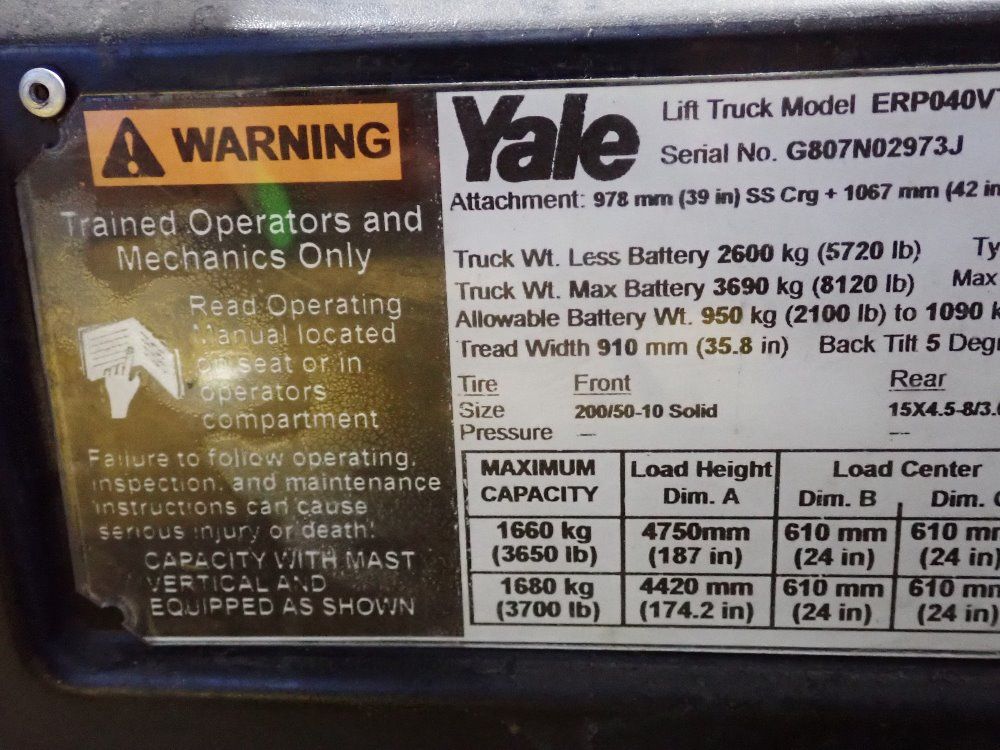 Yale 3650 Lbs Electric Forklift - Erp040vtn36te083