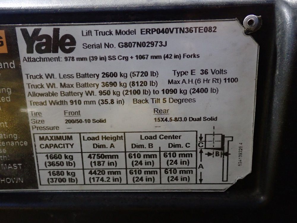 Yale 3650 Lbs Electric Forklift - Erp040vtn36te083