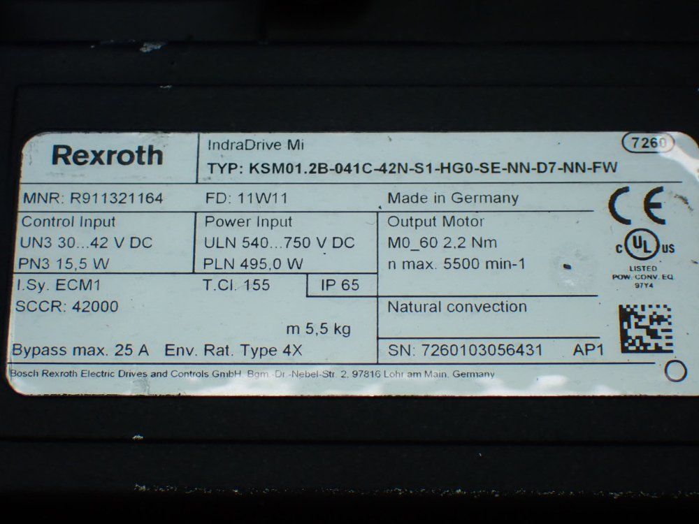 Rexroth 5500rpm, 2.2nm Continuous Torque. 9.4nm Max Torque Indradrive Mi Servo Motor: Ksm01.2b-041c-42n-s1-hg0-se-nn-d7-nn-fw - R911321164