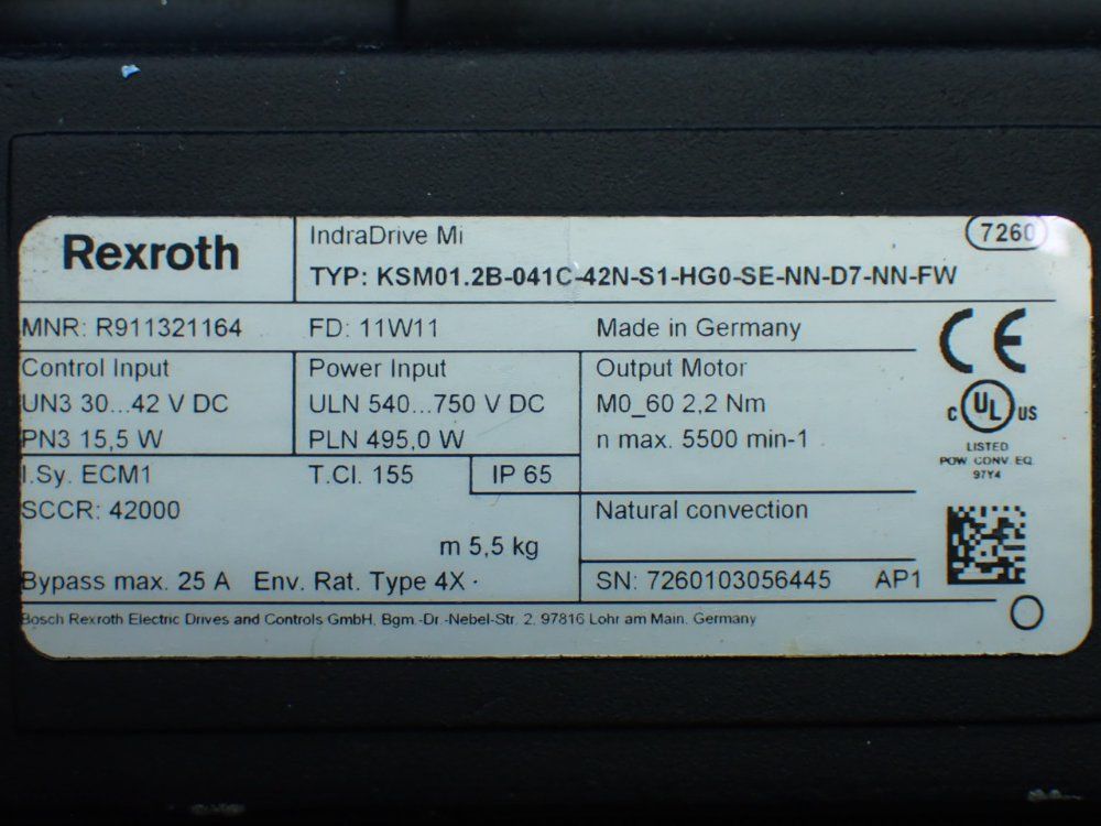 Rexroth 5500rpm, 2.2nm Continuous Torque. 9.4nm Max Torque Indradrive Mi Servo Motor: Ksm01.2b-041c-42n-s1-hg0-se-nn-d7-nn-fw - R911321164