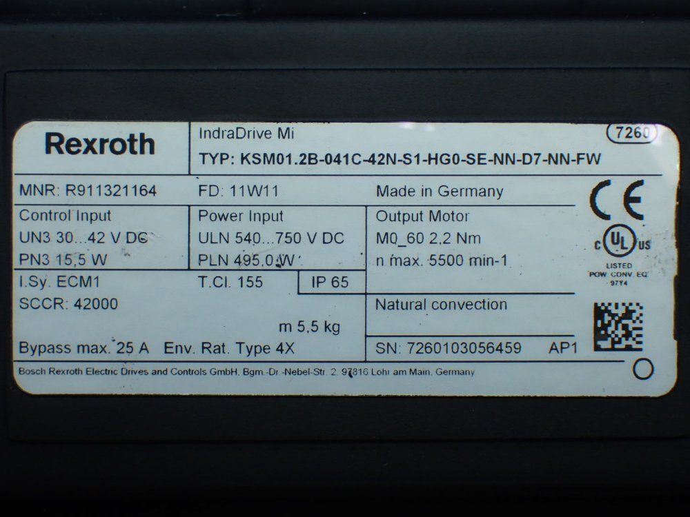 Rexroth 5500rpm, 2.2nm Continuous Torque. 9.4nm Max Torque Indradrive Mi Servo Motor: Ksm01.2b-041c-42n-s1-hg0-se-nn-d7-nn-fw - R911321164