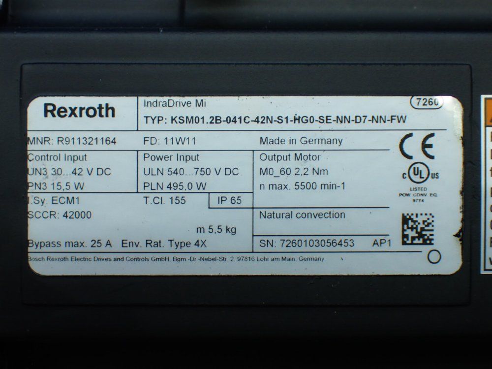 Rexroth 5500rpm, 2.2nm Continuous Torque. 9.4nm Max Torque Indradrive Mi Servo Motor: Ksm01.2b-041c-42n-s1-hg0-se-nn-d7-nn-fw - R911321164