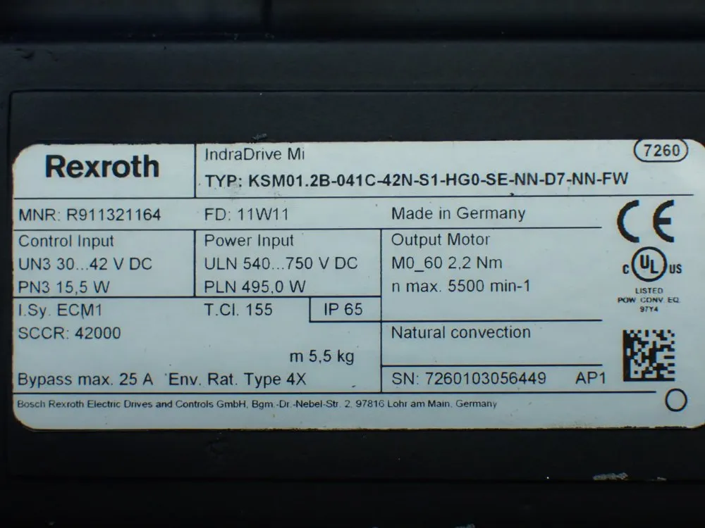 Rexroth 5500rpm, 2.2nm Continuous Torque. 9.4nm Max Torque Indradrive Mi Servo Motor: Ksm01.2b-041c-42n-s1-hg0-se-nn-d7-nn-fw - R911321164